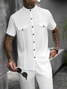 Manfinity CasualCool 男士休閒白色兩件套，短袖領襯衫附口袋與長褲，夏季度假度假套裝，老錢風復古穿搭 - 白色 - 查看 3
