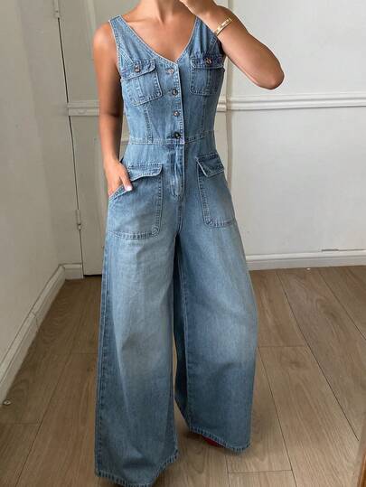 DAZY Women's V-Neck Sleeveless Jumpsuit With Pockets, Vacation Style Denim Bib Pants And Romper