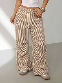SHEIN PETITE Pantalones anchos de chándal de rayas básicos de verano para mujer - Caqui - Ver 4