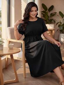 SHEIN Lady CURVE 大码女士夏装短袖连衣裙黑色连衣裙休闲女装夏季连衣裙女士节日连衣裙 - 黑色 - 查看 6