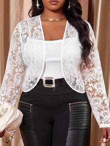 SHEIN Lady Jaket Kasual Wanita Ukuran Besar Warna Polos dengan Patchwork Renda - Putih - View 1