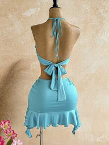 Soleia Women's Solid Color Metal Shell Decor Halter Tie Top And Mini Skirt Sexy Tropical Vacation Outfit Beach Teal - Teal Blue - View 2