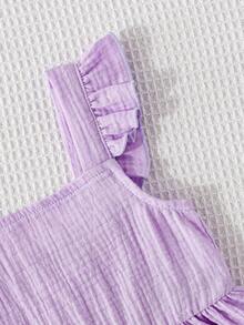 SHEIN Genkimix Kids Young Girl Solid Color Cap Sleeve Top And Pants Set - Purple - View 4