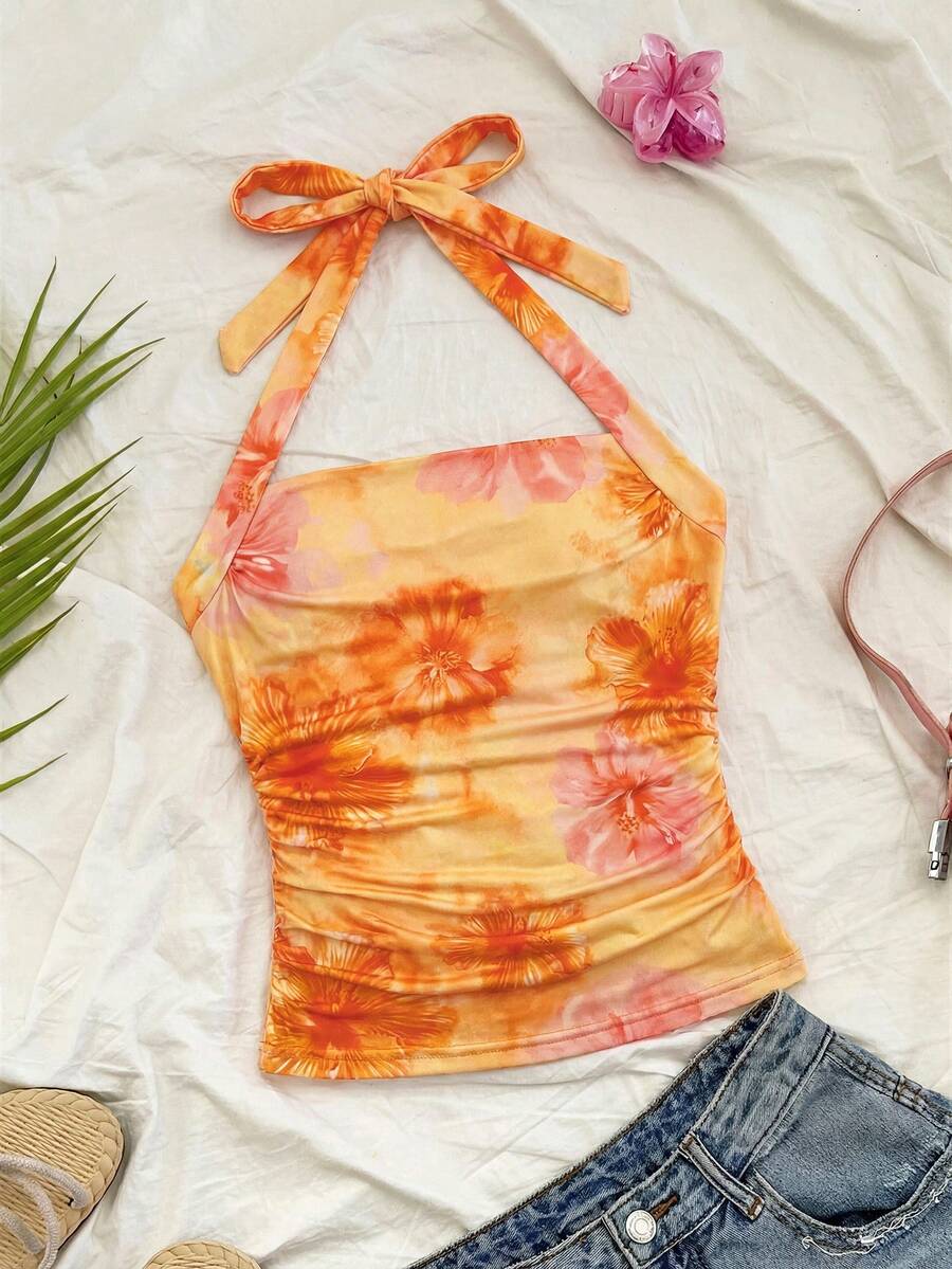 SHEIN 少女度假针织粉色芙蓉花印花露背吊带衫，腰部褶皱修身时尚款式，适合春夏季节、派对、约会、情人节、下午茶、复活节、狂欢节、海滩游轮等场合。 - 橘色 - 查看 1