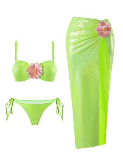 Swim Oasis Bộ bikini 3 mảnh mùa xuân/hè mới về, gợi cảm, thanh lịch, màu trơn, chất liệu vải bóng, bao gồm váy maxi buộc cổ, thích hợp cho bãi biển, tiệc bể bơi, kỳ nghỉ.