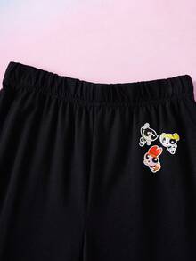 THE POWERPUFF GIRLS X SHEIN 少女领结卡通印花T恤和喇叭裤套装 - 黑色 - 查看 6