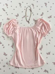 SHEIN PETITE Áo thun nữ mùa hè kiểu dáng thường ngày, ngọt ngào, dễ thương, đa năng, chất liệu mềm mại, họa tiết hoa, cổ vuông, nhún bèo, tay ngắn, ôm dáng, màu hồng. - Hồng - Xem 2