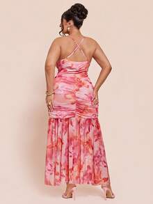 SHEIN BAE Plus Size Women's Pink Floral Floral Elegant Cami Dress,Summer Ruffle Long Party Vacation Dresses,Wedding Guest,Birthday,Graduation Ceremony Outfits - Pink - View 3