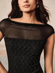 Anewsta Blusa de mujer de verano nueva con parches de malla y tejido de punto, conjunto sexy y elegante - Negro - Ver 2