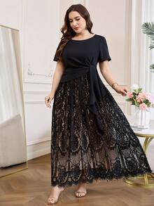Levarali Gaun Elegan Lengan Pendek dengan Detail Renda Kontras untuk Wanita Ukuran Plus, Warna Hitam untuk Pernikahan, Makan Malam, dan Acara Formal Musim Panas. - MultiWarna - View 4