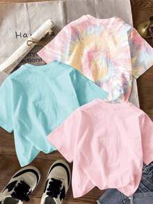 3pcs/Set Kids Cartoon Face Graphic T-Shirts For Young Girls,Pink,Neon Blue,Tie-Dye Colorful,Round Neck Short Sleeve,Summer School Outfits,Casual Chic - Multicolor - View 2