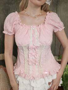 Kawaii Blusa con decoración de lazo en la cintura, estilo princesa Moe, de San Valentín, de primavera/verano, de la colección ROMWE x Elena Katey, para mujeres - Rosa - Ver 5