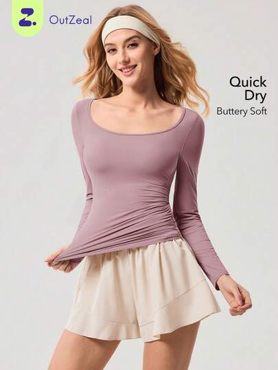 OutZeal Pilates Outfit Women Sport Pink Tee Solid Color Yoga Casual Quick Dry Slim Fit Square Collar Long Sleeve T-Shirt Spring Summer