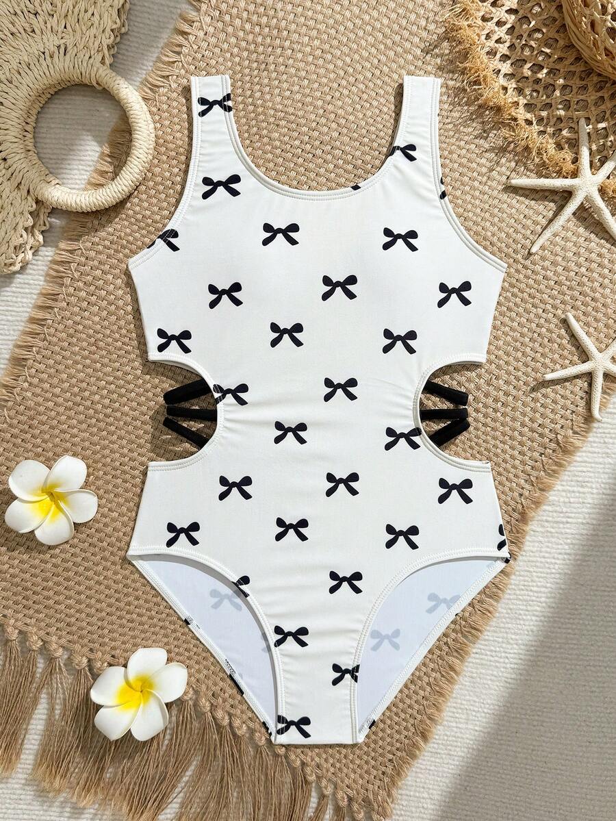 SHEIN Tween Girl Cute Casual Bow Print Cutout One-Piece Swimsuit, Suitable For Swimming, Beach, Pool, Summer Party - Multicolor - View 1