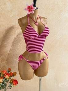 Soleia Bộ đồ bơi tankini buộc dây cổ kiểu dáng thường ngày kẻ sọc dành cho nữ, thích hợp đi biển mùa hè. - Nhiều màu - Xem 3