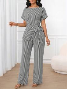 SHEIN Lady Bộ jumpsuit nữ kiểu dáng thường ngày, kẻ sọc, buộc dây phía trước, phù hợp cho mùa xuân, hè, thu, đi làm hàng ngày và đi nghỉ mát. - Đen và trắng - Xem 7