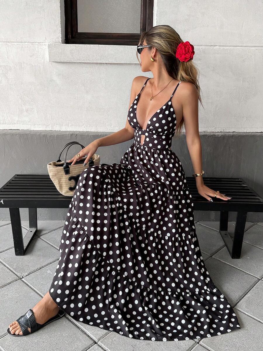 Pariaura Vestido holgado de verano con estampado de lunares, tirantes finos, bajo de parche, para mujer, estilo vacacional - Blanco y Negro - Ver 1