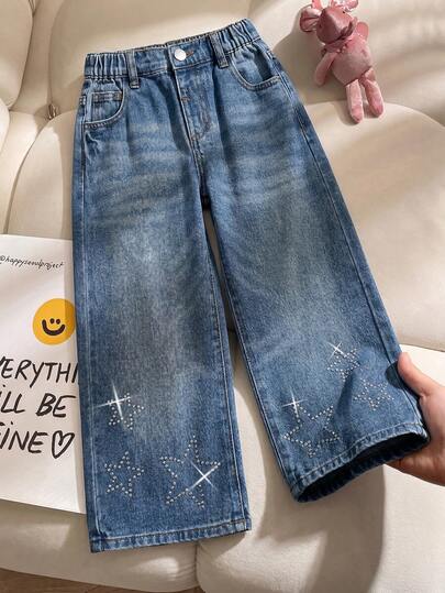 Quần jeans ống loe dáng rộng thoải mái cho bé gái, chất liệu cotton mềm mại, họa tiết ngôi sao lấp lánh, đa năng, thích hợp cho kỳ nghỉ, lễ hội âm nhạc, đi học, đi làm, dự tiệc và nhiều dịp khác.