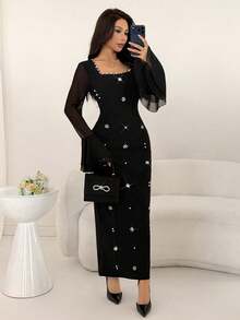 Modelyn Petite Women Summer Black Long Sleeve Beaded Chiffon Flare Sleeve A-Line Dress,Elegent Autumn  Square-Neck Rhinestone Maxi Dress Bodycon  Mesh Long Flare - Black - View 4