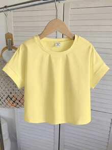 SHEIN Áo thun tay ngắn raglan cổ tròn, tay dài, màu trơn, dáng rộng, thoải mái cho bé gái tuổi teen. - Màu vàng - Xem 4