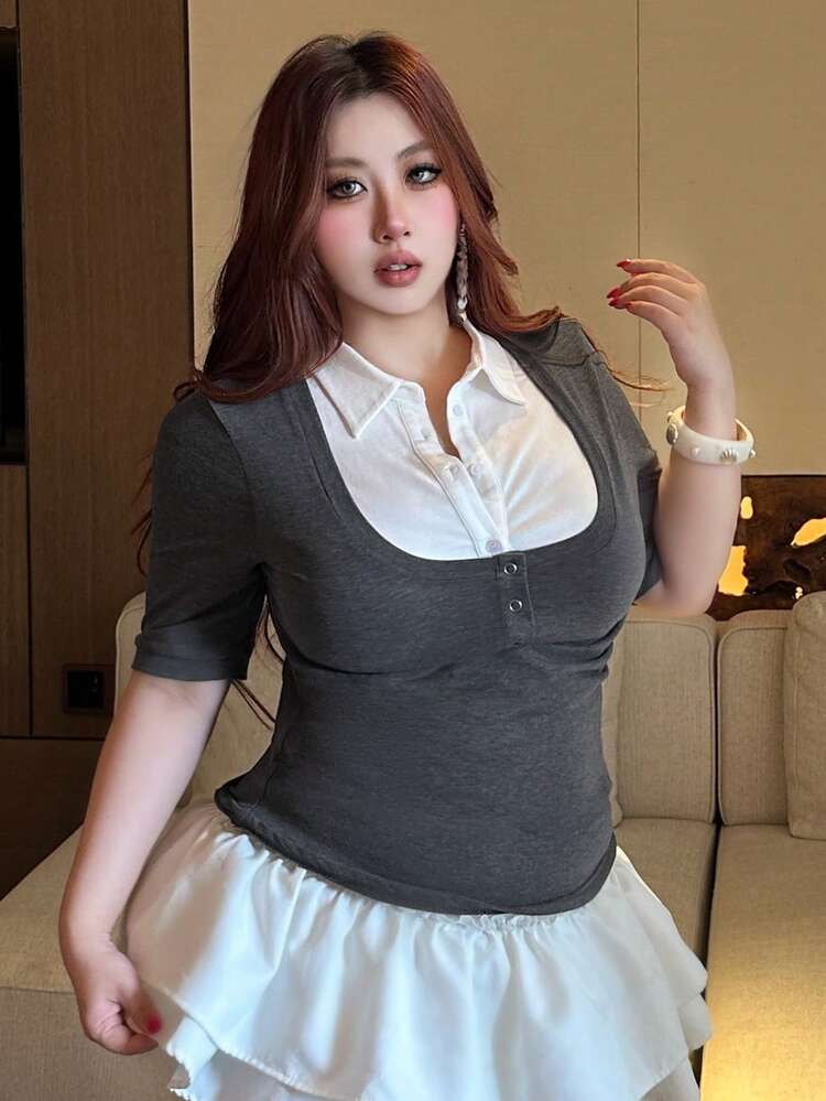 Dazy Plus Plus Size Women's Sexy Bodycon Shirt Collar 2 In 1 Stretchy Short Sleeve T-Shirt, Spring/Summer