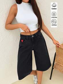 Pantalón corto vaquero de estilo casual, ajuste regular, cintura baja, lavado negro, con botones delanteros - Negro - Ver 4