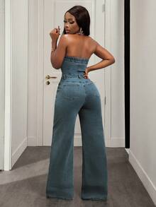 Slaydiva Jumpsuit Denim Model Tube Top dengan Kancing dan Kantong untuk Wanita di Resor - Medium Wash - View 2
