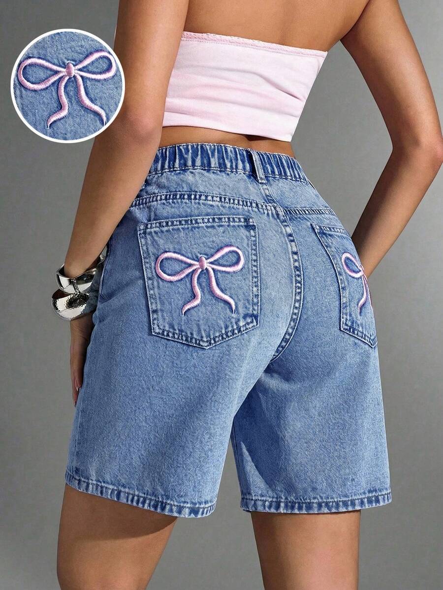 Summer Casual Bow Embroidered Denim Shorts - Medium Wash - View 1