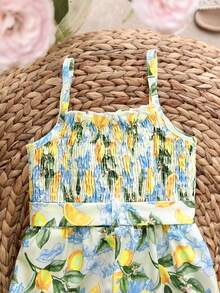 SHEIN Bộ áo liền quần dáng rộng in hình chanh cho bé gái đi nghỉ mát - Nhiều màu - Xem 5