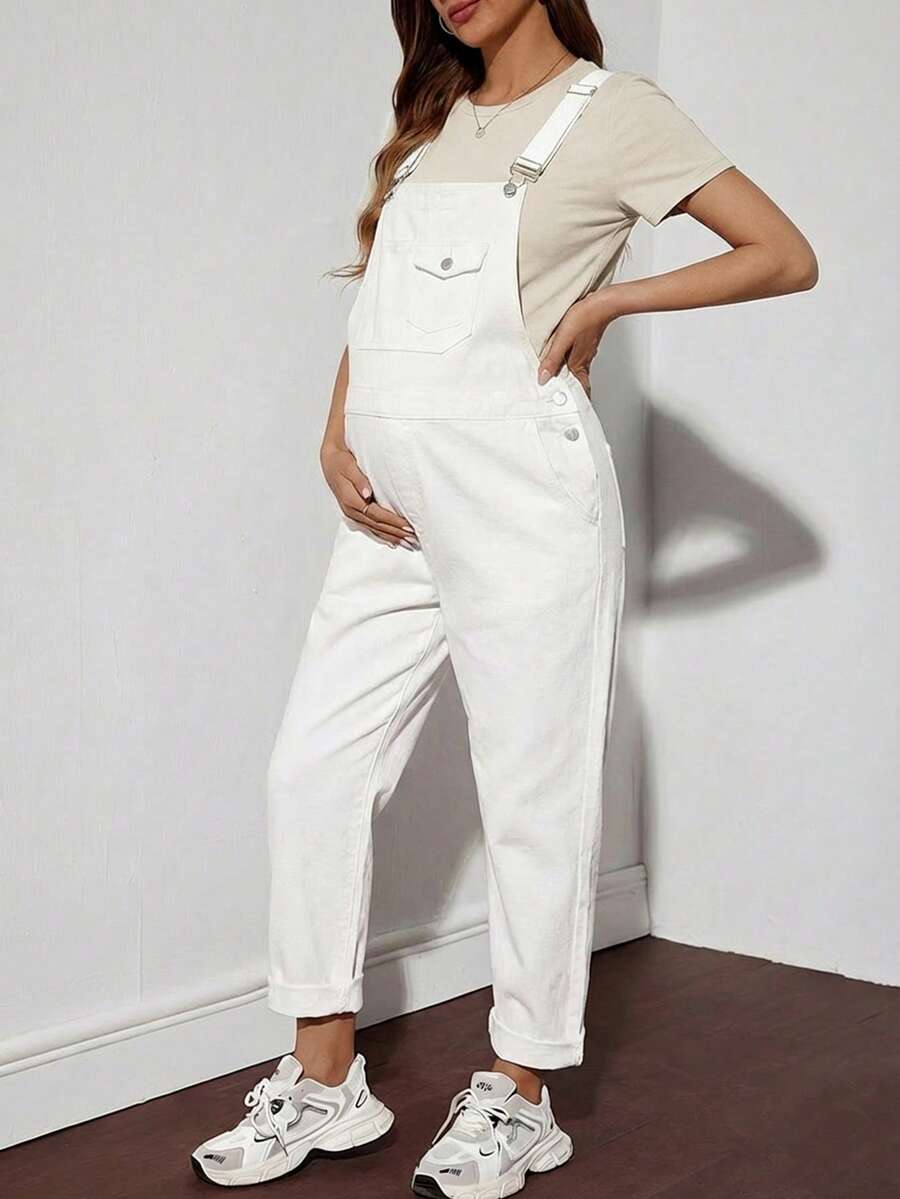 SHEIN 孕妇休闲百搭牛仔背带裤 - 白色 - 查看 1