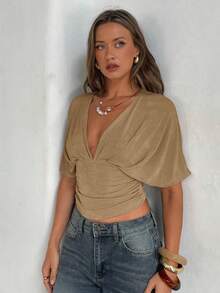 Aloruh Apricot Deep V Ruched Short Sleeve Tight Fitted Women T-Shirt - Mocha Brown - View 5