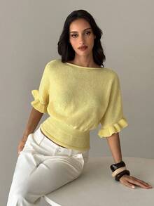 Aloruh Women's Sweet Yellow Casual Commuter Loose Waist Short Sleeve Ribbed Batwing Sleeve Ruffle Trim Boat Neck Apricot Sweater, Summer - Yellow - View 5