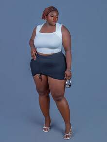 CurvyTilda Summer Beach Plus Size Women's Drawstring Cover Up Skirt, For Hourglass Body Shape - Black - View 4