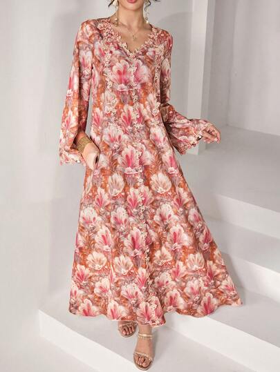 Al Najma Women's Retro Tie Dye Print Embroidered Decor V-Neck Loose Long Dress, Romantic Vacation Arabic Style