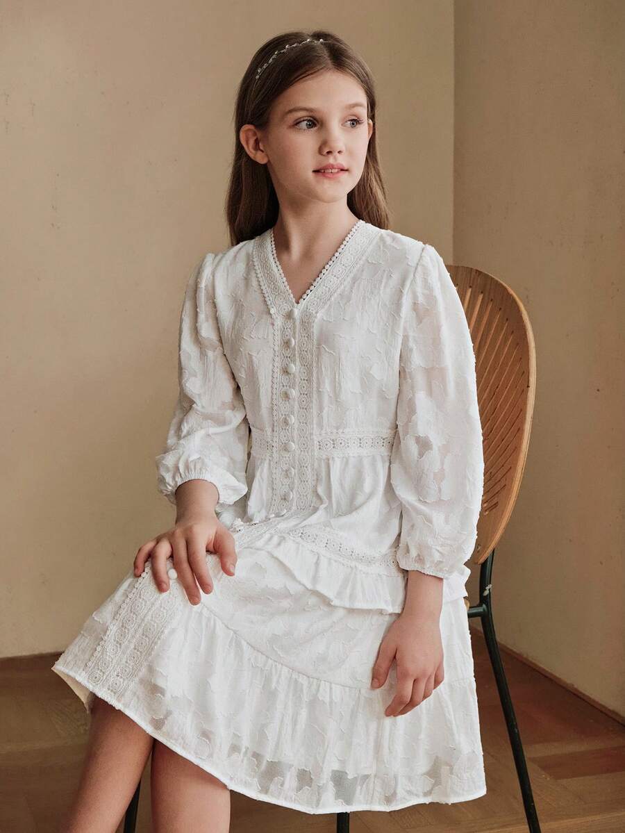 Anewsta Đầm bé gái cổ chữ V, chất liệu jacquard, kiểu dáng thanh lịch, nhẹ nhàng và ngọt ngào, tay lỡ 3/4, màu trắng, thích hợp mặc mùa hè. - trắng - Xem 1
