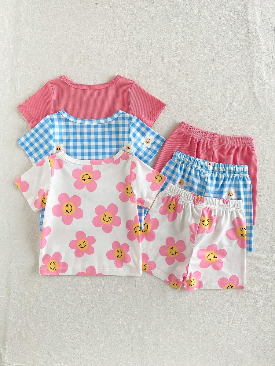 SHEIN Playful Pals 6件套女婴休闲可爱舒适冰淇淋图案及标语印花短袖上衣和短裤套装,适合春夏外出和日常穿着 - 彩色 - 查看 1