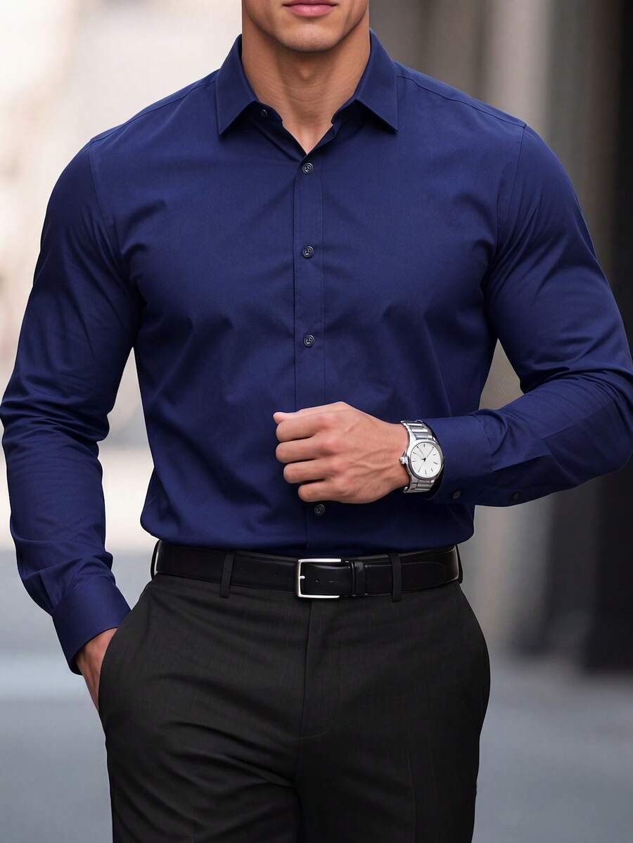 Manfinity Mode Men's Versatile Solid Color Long Sleeve Formal Shirt For Commuting, Ceremony - Navy Blue - View 1