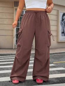 SHEIN EZwear 大码女式时尚抽绳腰带工装口袋宽松休闲裤 - 棕色 - 查看 4