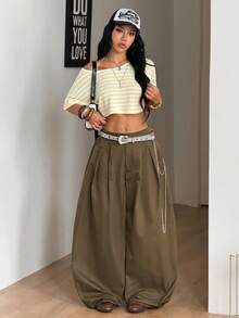 Coolane Quần dài nữ mùa hè kiểu vintage, phong cách hippie, dáng rộng, màu xanh rêu quân đội. - Màu xanh Ô liu - Xem 2