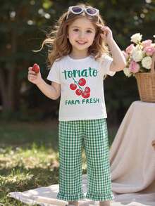 SHEIN Genkimix Kids Set de 2 piezas con camiseta con estampado de letras y pantalones a cuadros para niña - Verde - Ver 1