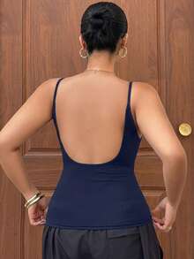 Dazy Plus Solid Color Elastic Fitted Cropped Camisole, Spring/Summer - Navy Blue - View 2