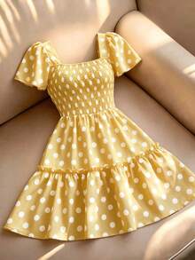 Franclia Women's Elegant Square Neck Flare Sleeve Ruffle Hem Short Dress, Summer - Light Yellow - View 5