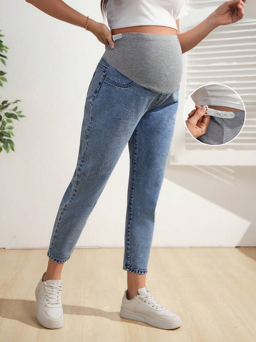 Momance Maternity Grey Elastic Waist Adjustable Waistband Patchwork Denim Jeans - Medium Wash - View 1