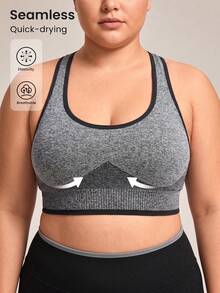SHEIN Rhythm Era Contrast Trim Racerback Sports Tank Top, Seamless Fitted Workout Vest For Plus Size Women - Grey - View 1