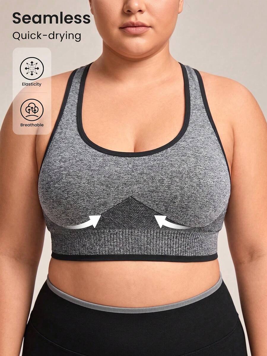 SHEIN Rhythm Era Contrast Trim Racerback Sports Tank Top, Seamless Fitted Workout Vest For Plus Size Women - Grey - View 1