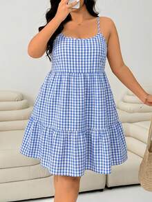 Solflare Plus Size Women Brown Plaid Slip Dress Gym Summer - Blue and White - View 4
