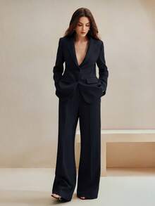 Anewsta Women's Solid Color Long Sleeve Jacket And Pants Formal Suit Set, Commuting Style - Navy Blue - View 3