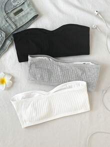 SHEIN Girlism 少女三件装黑色、白色、灰色时尚简约带衬垫防滑抹胸文胸 - 彩色 - 查看 3