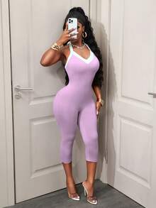 BamGleam Women's Versatile Contrast Color Halter Jumpsuit, Suitable For Daily Wear And Vacation Gym White Summer - Multicolor - View 8