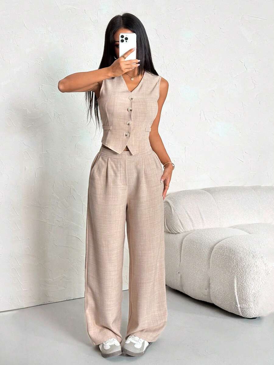 SHEIN PETITE Women's Solid Color Single-Breasted Vest And Pants Casual Suit Set ,Petite Women - Khaki - View 1